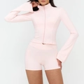 Pink yoga set featuring long sleeve zip jacket and high waist crossover shorts - S / Top And Bottom / Jacket + Shorts / Light Pink