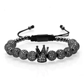 Men's beaded bracelet with black zircon crown charm and adjustable woven cord - Black Crown Style