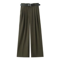 Detail view of high-waisted olive wide-leg trousers with front pleats and black belt - XS / Army Green