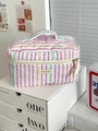 Striped quilted large cosmetic bag with handle and colorful patterns for travel storage - Large Cosmetic Bag (With Handle) / Rose Red Spliced Stripe Bow