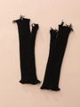 Distressed black knit fingerless gloves with unique frayed edges and lettuce trim finish - Black