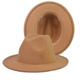 Classic camel wide brim wool fedora hat with teardrop crown and stylish metal belt accent - Thickened Hardened Camel