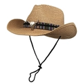 Cappello da cowboy in paglia con teschio di bue e fascia etnica su sfondo bianco - M (56-58cm) / Cachi