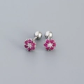 Pink zircon flower stud earrings in s925 silver with screw back ball closure - Platinum (Red Stone)