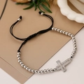 Bracciale con perline placcato oro 18K con croce regolabile e zirconi scintillanti - Decorazione di Perle a Croce d'Argento / Argento