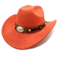 Detail of orange suede cowboy hat featuring bull head metal buckle and brown leather band - M (56-58cm) / Orange