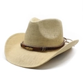 Western straw cowboy hat with vintage metal leaf decoration and wide brim for sun protection - M(56-58cm) / Beige