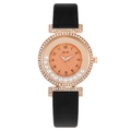 Fashion women quartz watch with black leather strap and rose gold rhinestone-studded case - Black