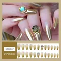 Press-on nails model DZ565-B7 in golden mirror gradient with large faceted gemstones - Jelly Glue Type / DZ565-B7 Gold Luxury