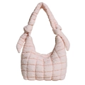 Pink quilted puffer bag with large knot shoulder strap details and a square stitch design - Pink