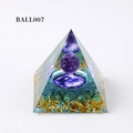 Orgone pyramid with purple sphere, Tai Chi emblem, and blue stones in resin - BALL007-Purple Ball/Taiji Pattern/Blue Balls/Gold Foil