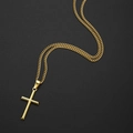 Hip hop style gold cross pendant on a long curb chain over a black textured background - 60CM+5CM Extension Chain / Gold