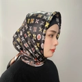 Elegant black bawal hijab with colorful floral prints in high-quality silk-like finish - #18 Black Colorful Feather