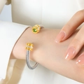 Silver cable cuff bracelet with golden ends and green zircon stones, open bangle style - Z059-Olive Green Zirconia Single Layer