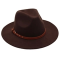 Detailed view of brown wool fedora hat with decorative leather belt and gold buckle - One Size (57cm) / Coffee