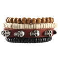 Detail of 4-piece layered set with wood beads, leather skull rivet and punk charms - Style 4/4Pcs Brown Wood Beads Leather Skull Bracelet Set
