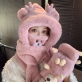 Écharpe à capuche rose en peluche avec oreilles d'ours, ensemble hiver 3-en-1 - Adulte / Ensemble 4 pièces amélioré (Avec ours) / Rose Poudré