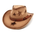 Brown gradient wool felt fedora with star print and leather belt buckle trim - M(56-58cm) / Camel