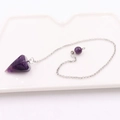 Macro detail of natural amethyst pendulum pendant with hexagonal crystal and silver chain - Hexagonal Cone Pendant / Purple Crystal