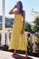 Detail of yellow tiered maxi dress featuring smocked bodice and thick shoulder straps - Lemon Yellow