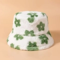 Winter faux fur bucket hat in white with green floral pattern for men and women - One Size / Green and White Pattern