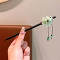 Classic wooden hair stick with green jade flower and elegant tassel pendant charm - Cyan Cloud Sky Wood