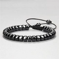 Adjustable black hematite beaded bracelet with retro energy woven cord design - Wheel Bead Style