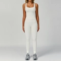 Three-piece white ribbed yoga set featuring square neck tank and high waist slim leggings - S / Vest + Trousers / Milky Apricot