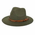 Detail of dark green straw fedora hat featuring brown faux leather band and metal buckle - M (56-58cm) / Dark Green