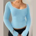 Slim fit light blue long sleeve top with lace square neck and white ribbon bow detail - Blue