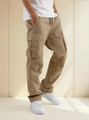 Men's khaki cargo pants with multiple side flap pockets and drawstring hem details - S / Khaki