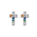925 silver cross stud earrings with colorful cubic zirconia and screw back closure - 925 Silver / Platinum (Cross Style)