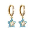 Pair of gold star earrings with light blue enamel and sparkling cubic zirconia stones - Blue