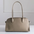 Minimalist beige pebble leather tote bag with dual shoulder straps and silver hardware - Horizontal (37x17x21cm) / Grey (Top Cowhide)
