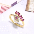 Adjustable gold ring with pink baguette zircons and clear gems in a tiered eye design - Style 3 / Red