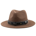 Classic dark brown Panama straw hat with vintage sunflower metal buckle and sun protection - Coffee