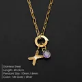 Stainless steel necklace with engraved letter X and purple stone pendant. - Letter X Style (Steel) / Silver
