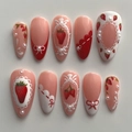 Uñas postizas de almendra rosa con fresas, lazos y perlas en un set de 10 piezas hechas a mano - Estilo Fresa Dulce (JP3740)
