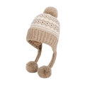 Beige and brown Fair Isle knit hat with plush earflaps and three decorative fluffy pom poms - Khaki