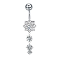 Silver stainless steel belly ring with flower design and dangling zircon stones - Flower Tassel Dangle JE0172C