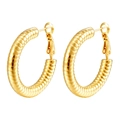 Detailed macro view of 18K gold plated hollow hoop earrings with textured spiral pattern - Striped Hollow Lobster Clasp Gold (MS-527F)