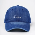 Classic dark blue washed denim baseball cap with Forever white embroidery on front - One Size / Medium Blue & White