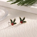 Christmas holly leaf earrings with green enamel and red rhinestones on golden finish - EAR0006-Holly Leaf Berry