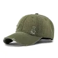 Army green washed denim baseball cap with vintage distressed holes and frayed edge - Green
