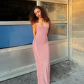 Detailed view of dusty rose dress with lace trim and high side slit detail - S / Dusty Pink