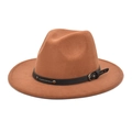 Detail of vintage wool fedora hat with black leather strap and metallic buckle decoration - Khaki