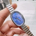 Women's quartz watch with silver steel band and blue oval shell dial featuring crystals - Silver Band Blue Dial