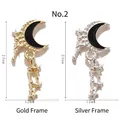 Colgantes luna oro y plata con estrellas de gota de aceite negro de 24mm - Luna Estrella Cadena / No. 2 / Marco Dorado