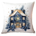 Vintage watercolor Christmas pillow case featuring a blue winter cabin design - Blue Winter House CRD10-11