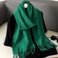 Close-up of green fringe scarf texture on black sweater with soft cashmere feel - Green